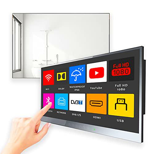 Soulaca TV de baño de 22 pulgadas Luxury Smart Mirror TV IP66 impermeable Android 9.0 Full HD con Wi-Fi y Bluetooth (modelo 2022 con pantalla táctil y 7 teclas táctiles)