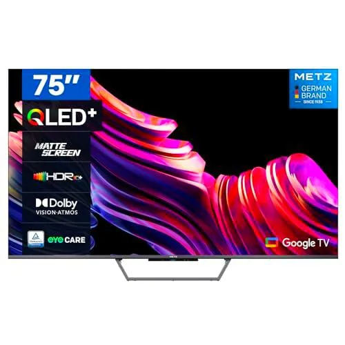 Metz Televisión Smart TV QLED + MQE7600Z 4K UHD de 75 Pulgadas con Google TV y Pantalla Mate antirreflejos Dolby Vision Dolby Atmos HDR Wi-FI TV (Modelo de 2024, Negro) de Metz