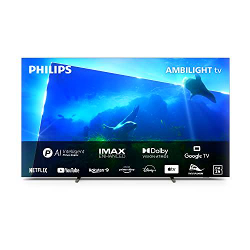 Philips 4K OLED Ambilight TV|OLED818/12|77 Pulgadas|UHD 4K|120Hz|P5 AI Picture Engine|HDR10+|Smart TV|Dolby Atmos|Altavoces de 40 W|Pedestal|Prime|Netflix|Youtube|Asistente de Google |Alexa|
