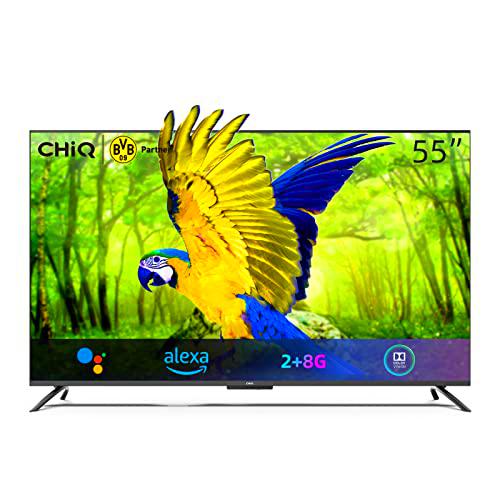CHiQ U55G7PF Hands Free Voice Contorl Frameless Smart Android TV,4K UHD,HDR 10,Dolby Vision,Dolby Audio,Google Assistant,64-bit Quad Core，HDMI2.0 [Energy Class G]